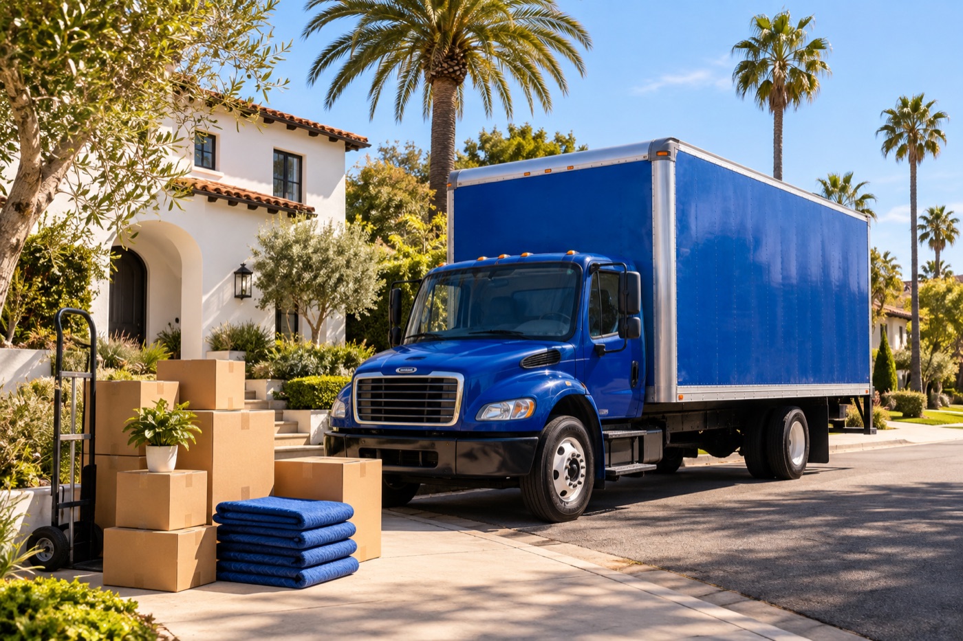 Illustrative moving-day scene with boxes, blankets, and a blue truck